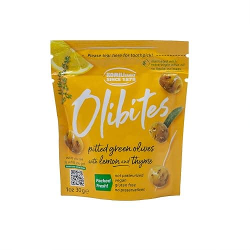 Olibites Pitted Green Olives - Fresh, Antioxidant-Rich Green Olives Marinated with Extra Virgin Olive Oil - No Preservatives, Vegan, Gluten Free, & Not Pasteurized - 0 Net Carbs (1 oz) (Lemon & Thyme, 1oz (Pack of 10)