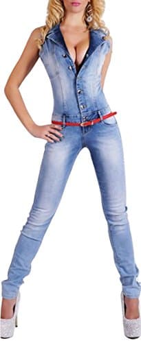 Misslin Women's Bodycon Sexy Lapel Collar Denim Long Jumpsuits L Jean Blue