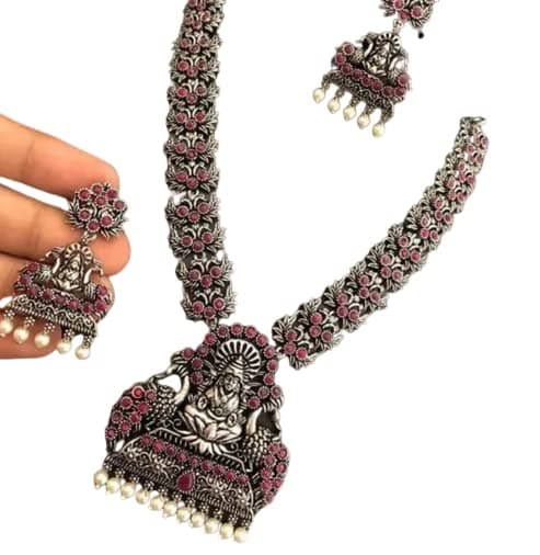 GenericANDYWARS FASHION Laxmi Temple Necklace Set Oxidized Necklace Set Bohemian Charm Necklace Set Designer Fashion Jewelry Wedding Wear Gift (Pink/Ruby), Oxidized Silver, No Gemstone