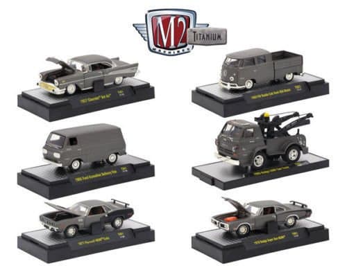 NEW 1:64 M2 MACHINES TITANIUM COLLECTION - TITANIUM RELEASE 1 ASSORTMENT ACRYLIC CASE Diecast Model Car By M2 Machines Set of 6 Cars