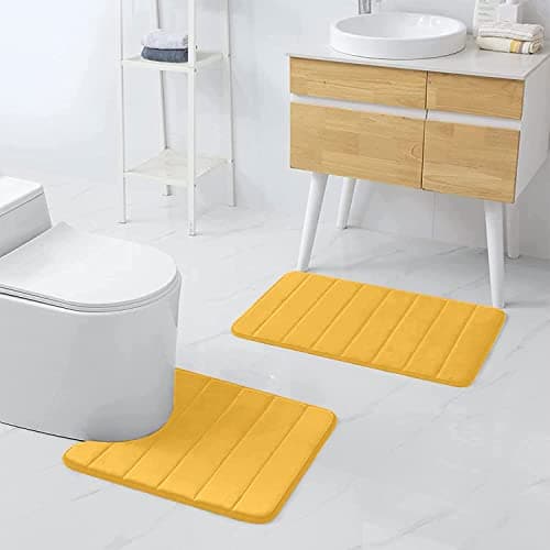 Buganda Memory Foam U-Shaped Contour Toilet Rugs, Non Slip Absorbent, Thick Soft Washable Bathroom Mat, Floor Carpet Bath Rugs Mat for Toilet Base (24" x 20", Yellow)