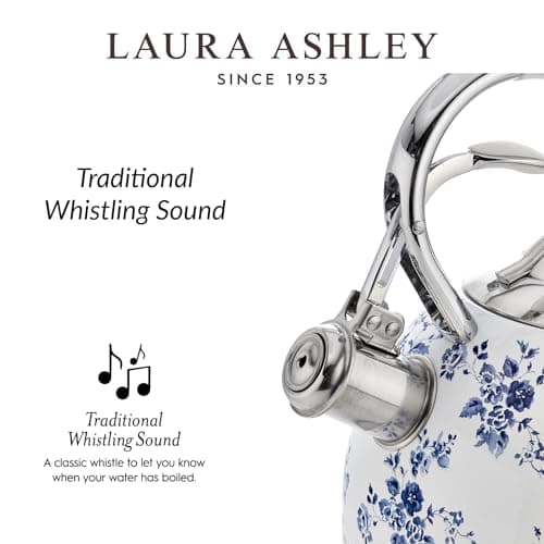 VQ Laura Ashley China Rose 3L Stainless Steel Tea Kettle Stovetop Whistling Teapot for Induction, Gas Hob or others. Silicon Coated Cool Handle & Push Button Mechanism Vintage Stove Top Kettle