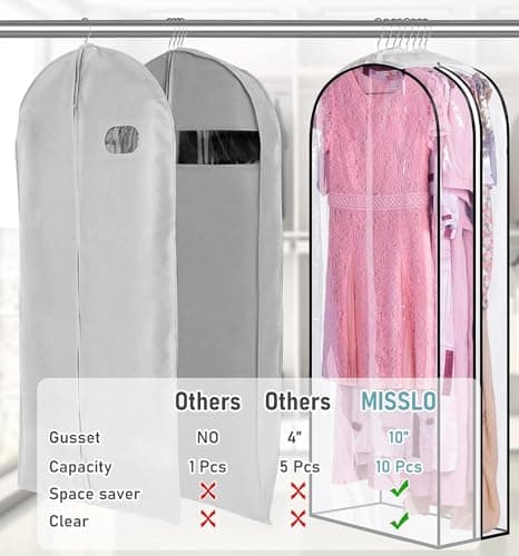 MISSLO 25cm Gusseted Clear Clothes Covers 60 x 127cm Suit Covers Bags Dustproof Dress Garment Bags Hanging Storage Protectors for Coats, Gowns, 3 Packs
