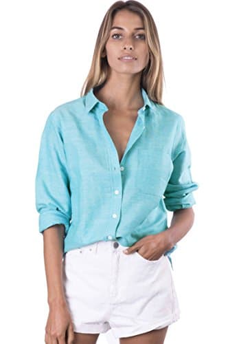 CAMIXA Womens Classic Linen Shirt Loose Button Down Blouse Sleeve 100% Linen Top