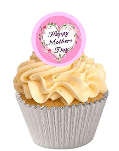 12 Large Pre Cut Pink White Happy Mothers Day Heart Edible Premium Disc Wafer Cupcake Decorations Toppers - by Kreative Cakes
