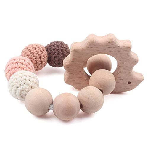 Baby Teether Bracelet Toddler Teething Waldorf Maple Natural Wood Ring Chewing Beads Shower Gift, Hedgehog Orange Charms