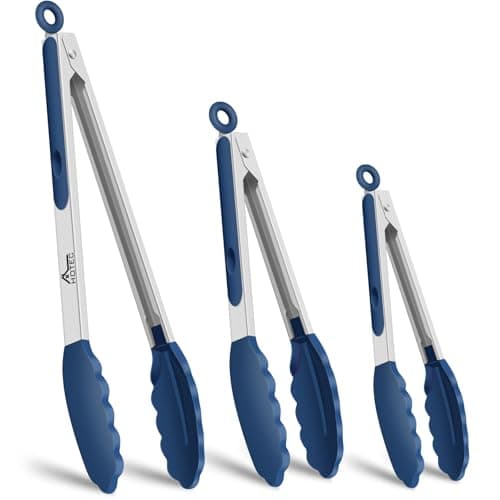 HOTEC Premium Stainless Steel Locking Kitchen Tongs with Silicon Tips, Set of 3-7", 9" and 12" (Classic Blue)