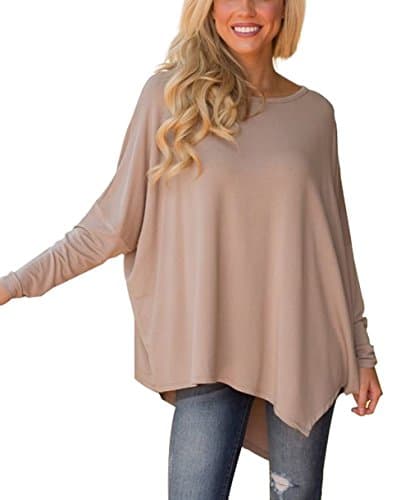 XUERRY Women Solid Batwing Sleeve Pullover Dolman Tunic Tops Round Neck Loose Blouses (B, Mocha)