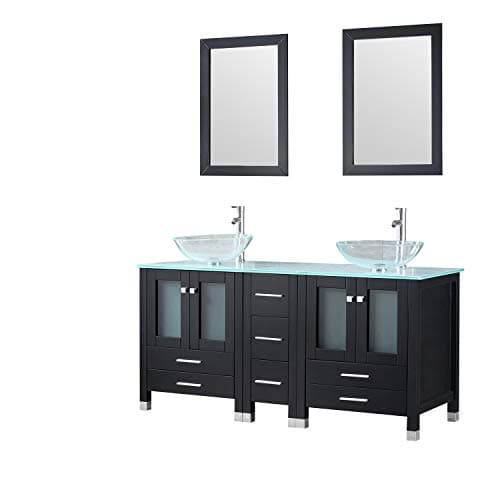 Walcut 60 Inch Black Bathroom Vanity with Sink Combo Double Vanity Modern Cabinet Double Glass Vessel Sink and Faucet Combo (Clear 3)