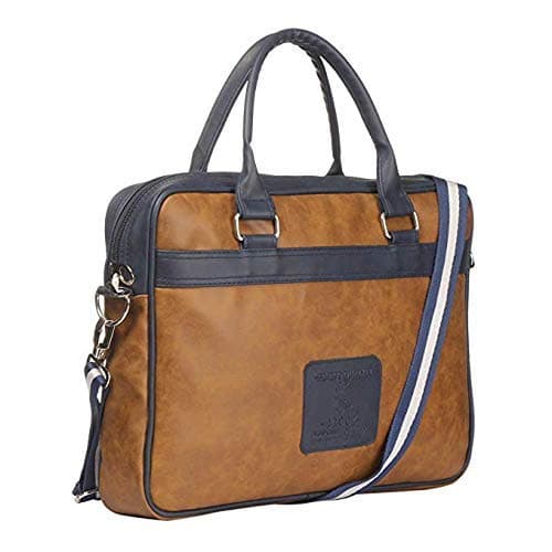 Crooz Leather messenger Bag With Laptop Compartment Unisex Laptop Bag Laptop Sleeve for all 15.6 inch Laptops for Men & Women- Tan Blue