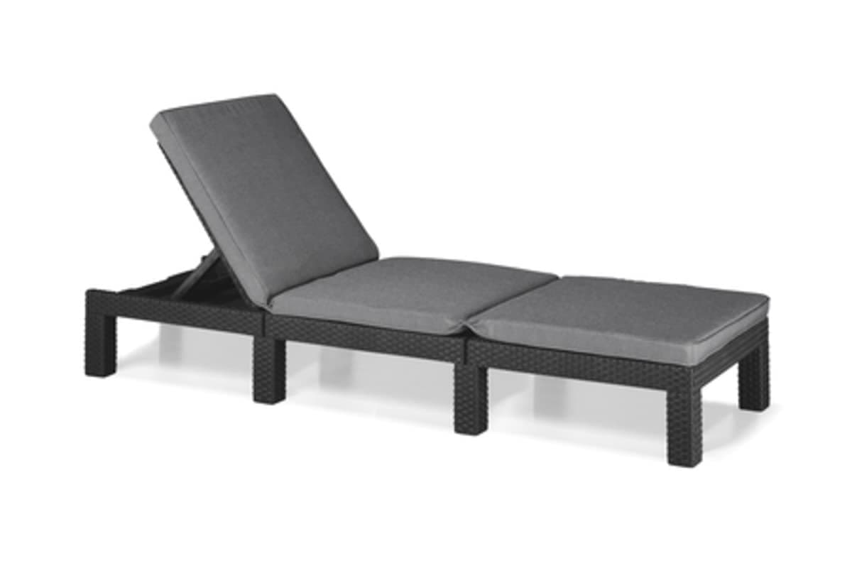 Allibert by Keter" Daytona Deluxe Sun Lounger for Garden, Patio and Balcony with Adjustable Headboard, Grey, including Garden Lounger Cushion, Flat Rattan Look, 195 x 65 x 25.5 cm