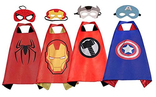 Superhero Dress up Costume Cape and Mask Set with Drawstring Backpack for Kids, Birthday Party Children 4 Packs