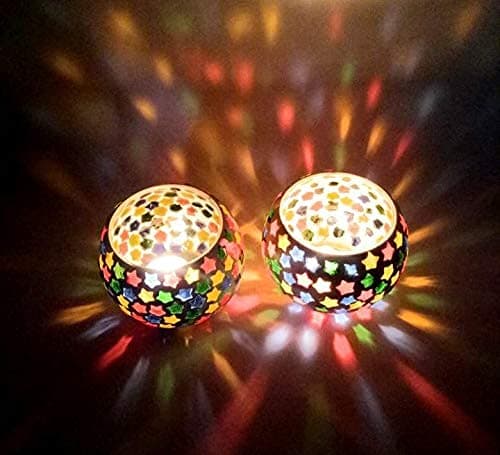 MITHILA HANDICRAFTS Mosaic Glass Tea Light — Votive Candle Holder with Tea Light Candles — for Living Rooms, Table, Home Décor — Indoor Outdoor Decorations (Multicolored) Set of 2 Made in India