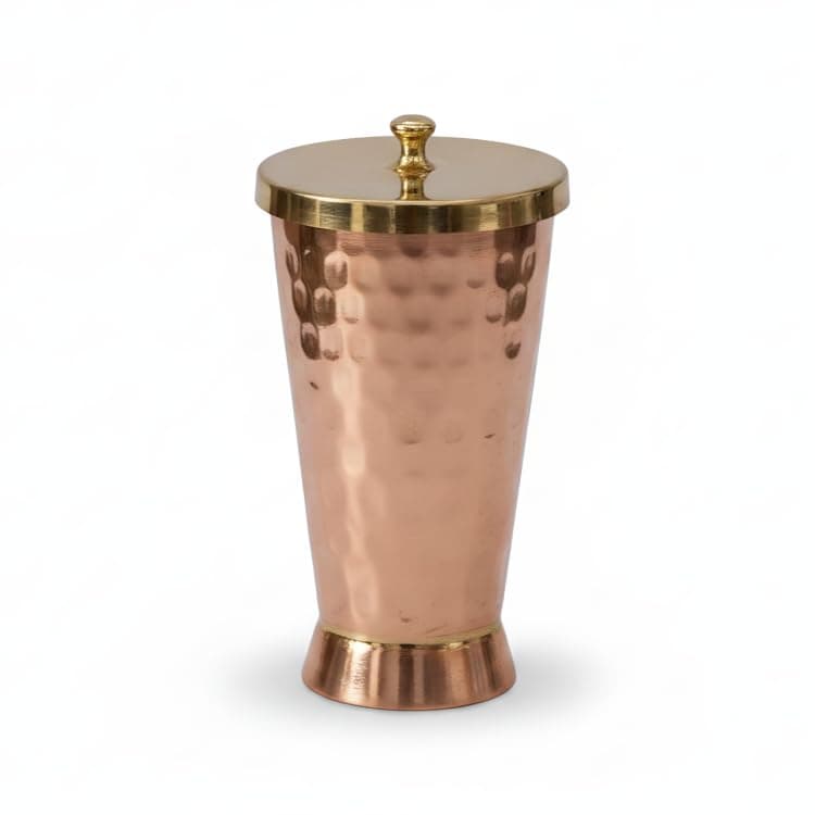 Copper Tumbler With Brass Lid - Tamba Glass With Ayurvedic Health Benefits - Ptal Brass and Copper Utensils (600 ml)