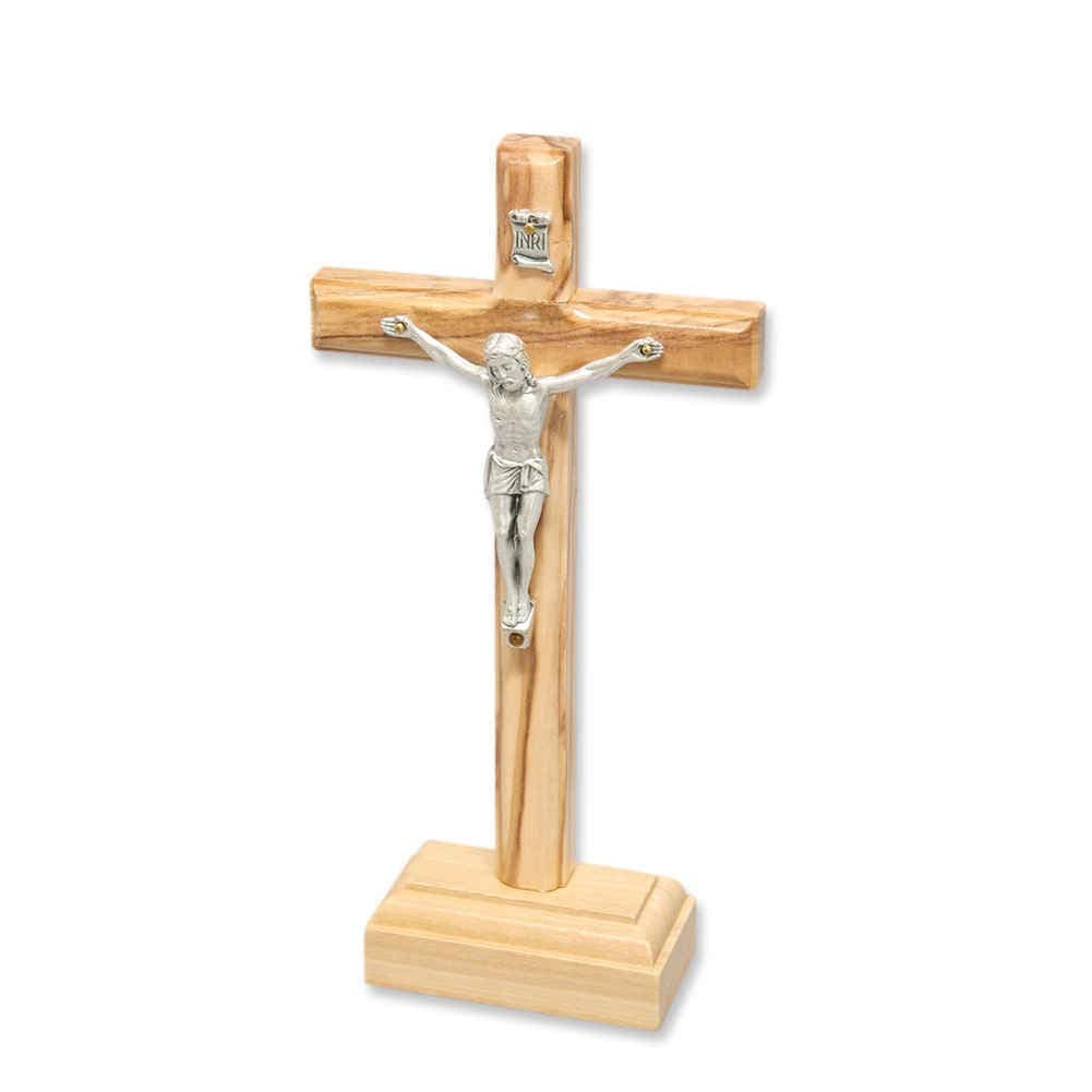 Cross Stand, Standing Cross, Cross Altar, Olive Wood, Natural Colour Varnish with Metal Christ Body, 18 x 9 cm, Crucifix with Base, Mourning Cross