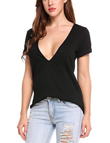 Deep V Neck Shirts Women Summer Short Sleeve Loose Casual Low Cut Basic Tee Tops