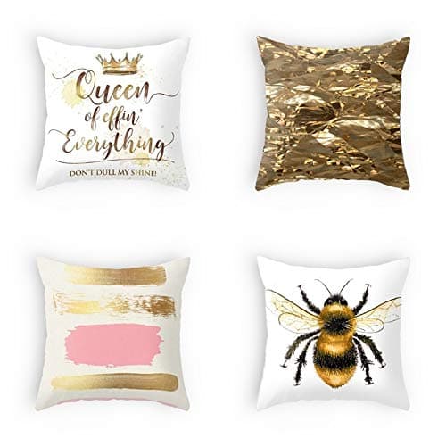 OATHENE Set of 4 Decorative Throw Pillow Covers,Pink Golden Bee Crown Modern Style Linen Cushion Sofa Bedroom Car,Home Decor,18 x 18 Inch.1344