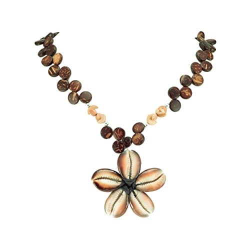 BlueRica Cowrie Flower Pendant on Wood Disk Bead Necklace