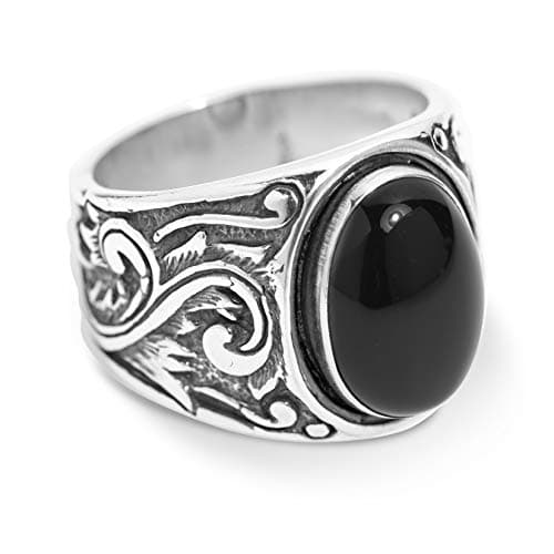 American West Sterling Silver Black Agate, Blue Lapis or Tiger Eye Gemstone Scroll Leaf Wide Ring Size 8 to 13