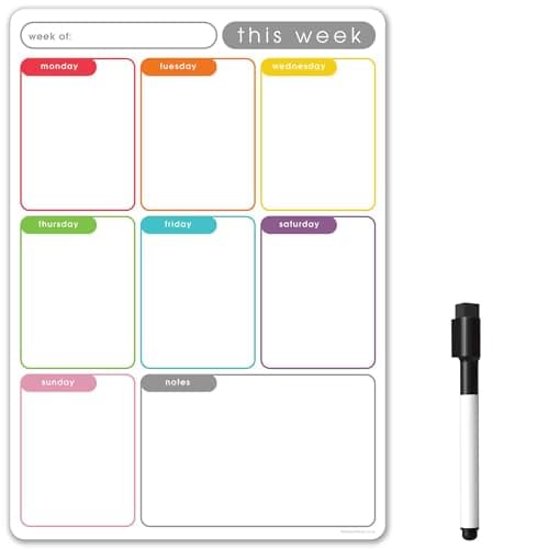 TMS Magnetic Dry Erase White Board Planner for Fridge | Apartment Essentials and Home Organization Must Have | Family Planning, Grocery List, Whiteboard Calendar, Chore Chart | Multi-Color 8" x 12"