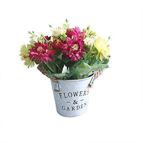 Riverbyland Artificial Flowers Daisy Plants Arrangement with Iron Flowerpot Rose Red