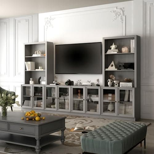 FAMAPYEntertainment Center with Bookshelves & Glass Doors, Living Room Entertainment Center with Bridge, Hutch Space for TVs up to 65", Wood Grain Grey (126”W x 15.7”D x 70.9”H)