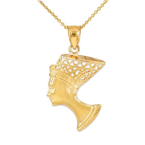 14K Gold Egyptian Queen Nefertiti Filigreed Bust Pendant Necklace - Choice of Chain Length & Gold Color