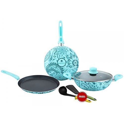 Wonderchef Oscar Blu Doppio Aluminium Cookware Set, 4-Pieces, Blue/Black