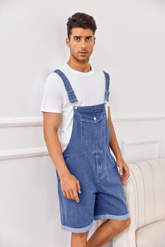Karlywindow Mens Denim Bib Overall Shorts Loose Fit Summer Walk Shorts Above Knee Length Shortalls Jumpsuit Rompers