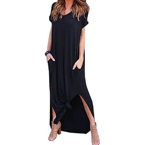 PRIMODA Women's Casual Sexy Side Split V Neck Loose Pocket T-Shirt Long Dress Short Sleeve Maxi Dress(Black,M)