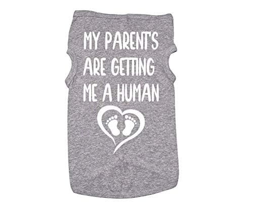 Ebenezer Fire Baby Announcement Dog Shirt, My Parent's are Getting Me A Human, Pregnancy Reveal (Large, Grey (White Text))