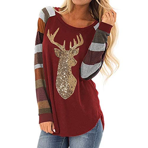 Kamendita Women's Tops Loose Womens Christmas Tops Plaid Splice Hem Reindeer Long Sleeve Cute Tunic Blouse S-5XL