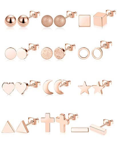 Tornito 12 Pairs Stud Earrings Geometric Earring Set Stainless Steel Heart Triangle Square Cross Star Moon Mini Bar Cute CZ Ball Stackable Helix Cartilage Earring Silver Rose Gold Tone for Women Men