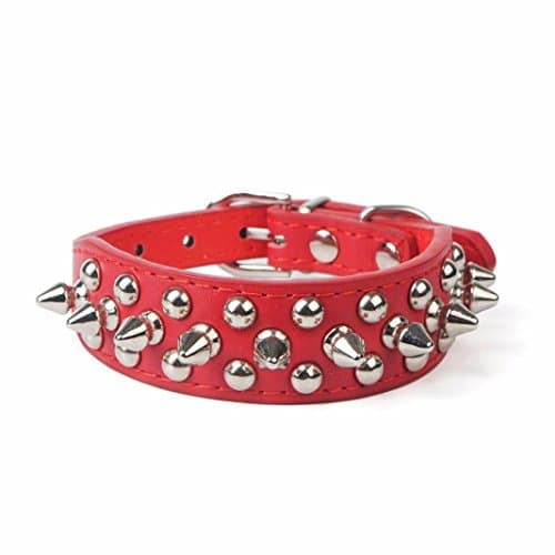 LINGERY Pet PU Leather Rivets Adjustable Skull Head Dog Collar Chain Ring Spiked Studded Dog Collar for Big Medium Dog (Red, M)