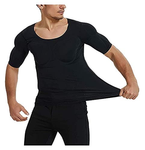 ruguo Men's Fake Chest Muscle Padded T-Shirt Man Fake Muscles Short Sleeve Shirt Shoulders Padded Simulation Chest Muscle Body Shaper Men's Tummy Control Shapewear (Color : Noir, Size : L)
