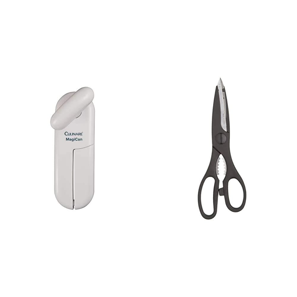 Culinare MagiCan Opener, White & KitchenCraft Kitchen Scissors / Bottle Opener, Stainless Steel, 21 cm