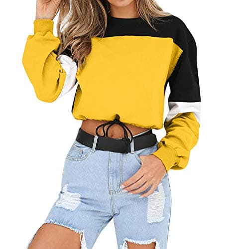 Cropped Sweatshirt for Women Patchwork Stripe Crewneck Long Sleeve Blouse Shirts Crop Top Pullover