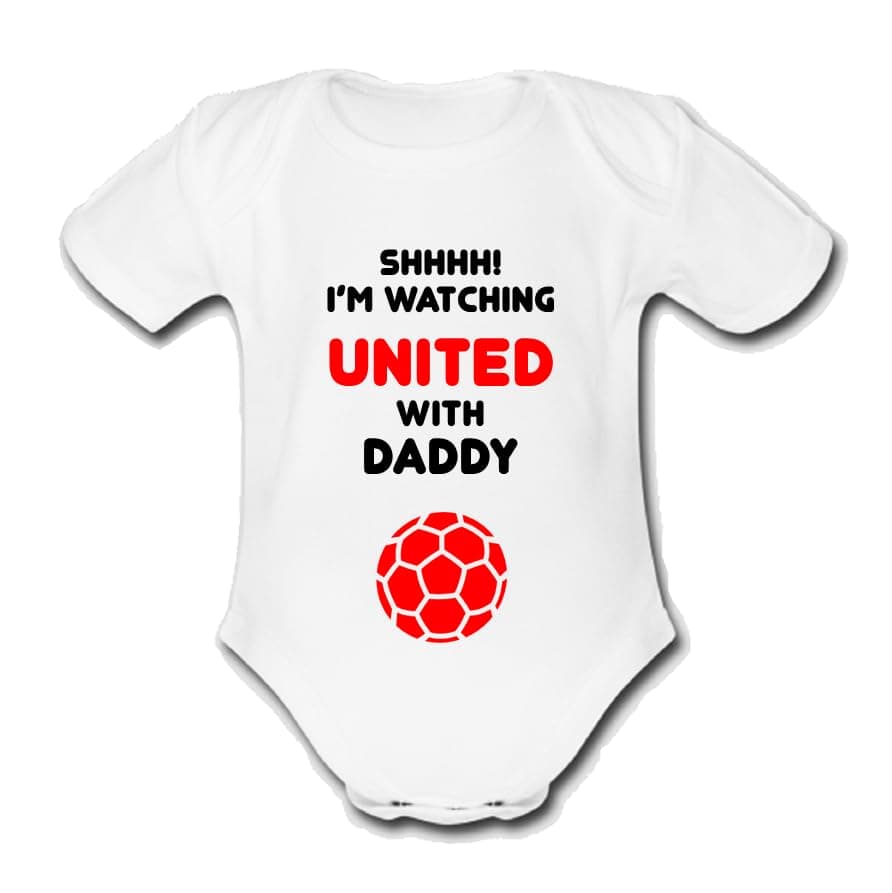 UNITED Shhhh! I'm watching with Daddy Mummy Grandad Manchester Football Babygrow Cute Personalised Funny Baby Vest Grow Boys Girls Utd Gift Babygrow Bodysuit MAN