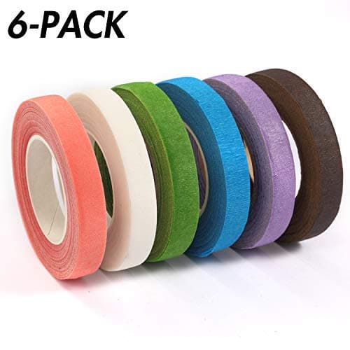 Noorlee 6 Colors Floral Tapes, Pack of 6 Self-Adhesive Masking Tapes, 1/2 in x 30 Yard for Bouquet Stem Wrap Florist (Pink, White, Green, Blue, Purple & Brown, Set of 6)