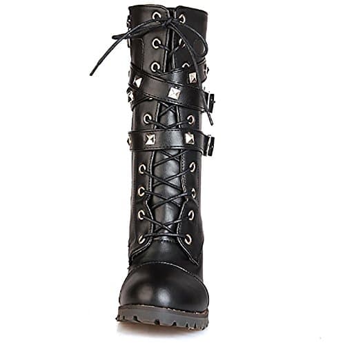 Ifantasy Fashion Women's Lace Up Ankle Booties Punk Rock Rivet Chunky Heel Leather Military Combat Boots Black, 9