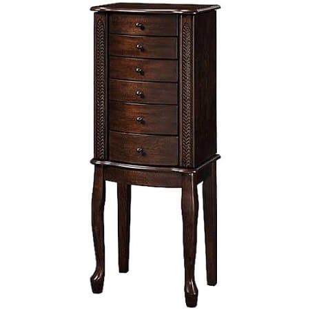 Wooden Jewelry Armoire with Lift Out Jewelry Box, Warm Walnut Finish,5 drawers and 2 side swing out doors with necklace hooks, top compartment, Flip-top mirror, lots of storage 14.5"L x 10"W x 38"H