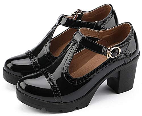 Black Wedge Pumps Black Oxford Heels Black Leather Sandals for Women Wedge Women's Classic T-Strap Platform Mid-Heel Square Toe Oxfords Dress Shoes (777black41)