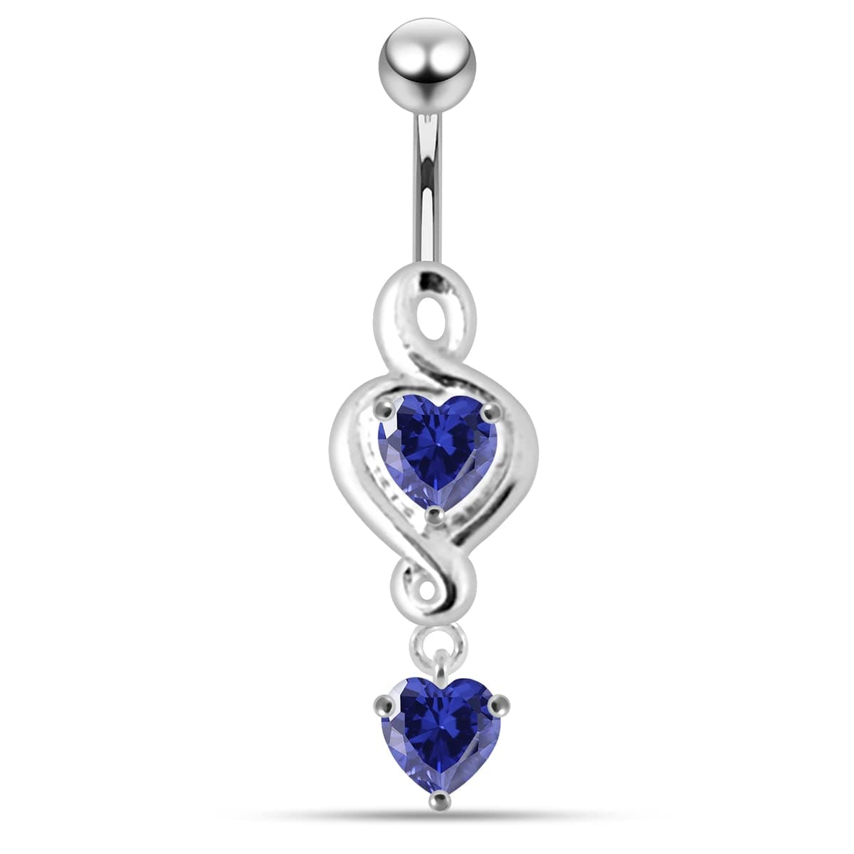 Silver Belly Rings Dark Blue CZ Gemstone Stylish Twister Heart Dangling 925 Sterling Body Jewelry