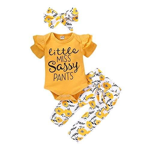 3 Pcs Infant Baby Girl Clothes Letter Print Long Sleeve Romper Flower Pant Headband Toddler Outfits Set