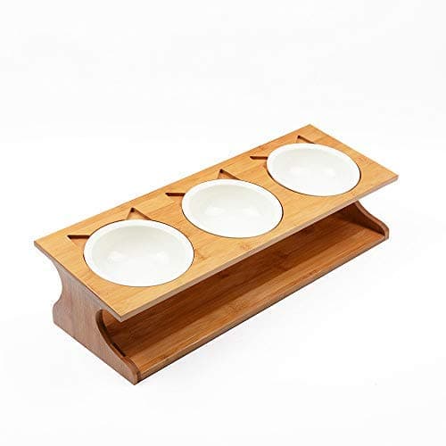 Petilleur Wooden Pet Bowls Elevated Pet Bowls with Stand for Cats and Dogs (3 Bowls, Ceramic)