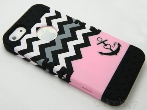 New 3-piece Iphone 5/5s Impact Hybrid Combo Rugged Hard Case Cover Soft Skin (Pink Anchor Chevron)