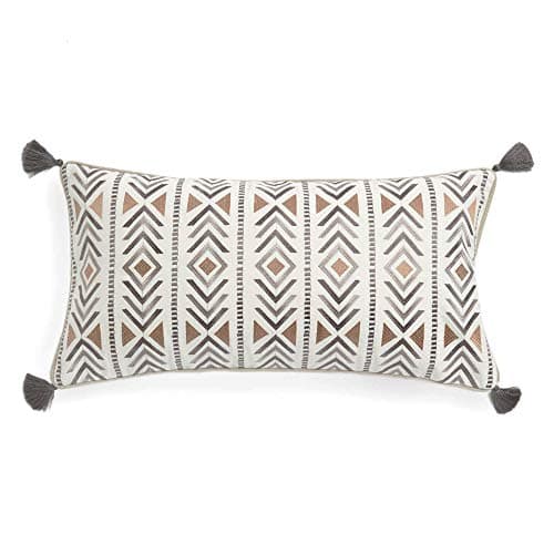Levtex Home - Santa Fe - Decorative Pillow (12 X 24in.) - Embroidered Tribal Geometric Pattern with Tassels - Light Grey, Dark Grey, Tan, Cream - Feather Filled