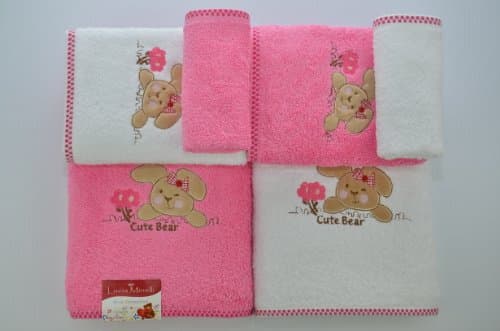 Dadya Home Textile Kids Collection Cute Bear, 100 Percent Turkish Cotton 6 Pcs Towel Set, Pink and White
