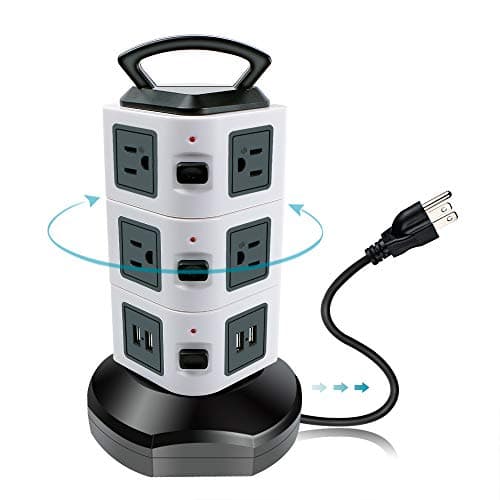 Surge Protector Power Strip Tower Electric Charging Station 3000W 13A 16AWG 10 Outlet with 4 USB Slot, Multi Plug Outlet with 6 ft Long Cord Wire for PC Laptops Mobile Office Home