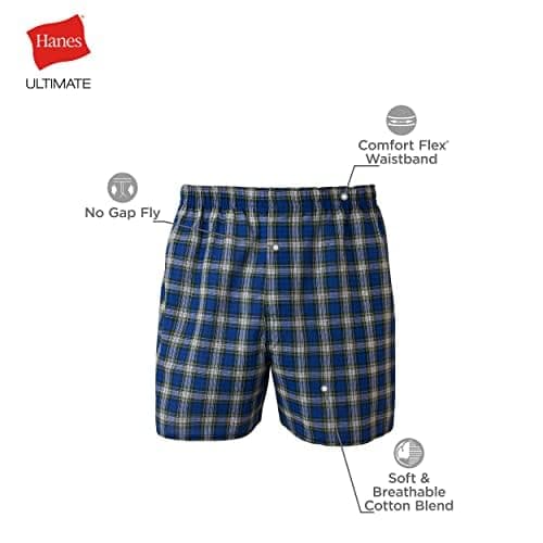 Hanes Ultimate Men's Premium 5-Pack Cotton Plush Waistband Boxers, Tartan Plaid, Large